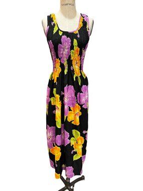 Vintage Rima Hawaiian Maxi Dress Smocked Floral One Size Resort